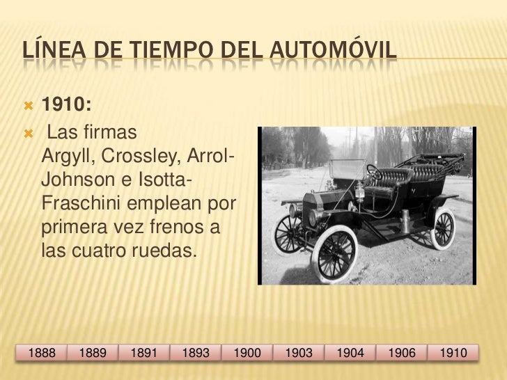 Línea de tiempo del automóvil<br />1910:<br /> Las firmas Argyll, Crossley, Arrol-Johnson e Isotta-Fraschini emplean por p...