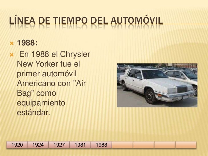 Línea de tiempo del automóvil<br />1988:<br /> En 1988 el Chrysler New Yorker fue el primer automóvil Americano con "Air B...
