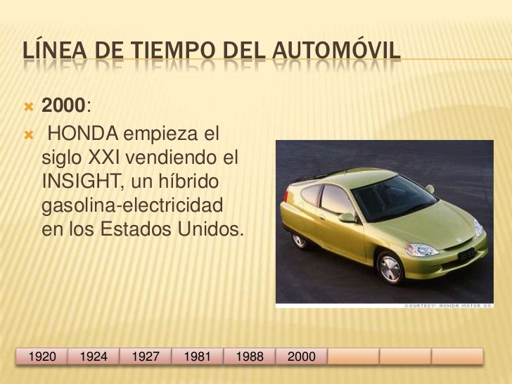 Línea de tiempo del automóvil<br />2000:<br /> HONDA empieza el siglo XXI vendiendo el INSIGHT, un híbrido gasolina-electr...