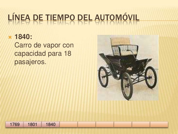 Línea de tiempo del automóvil<br />1840: Carro de vapor con capacidad para 18 pasajero...