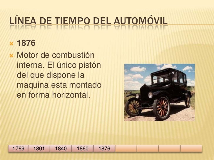 Línea de tiempo del automóvil<br />1876<br />Motor de combustión interna. El único pistón del que dispone la maquina esta ...