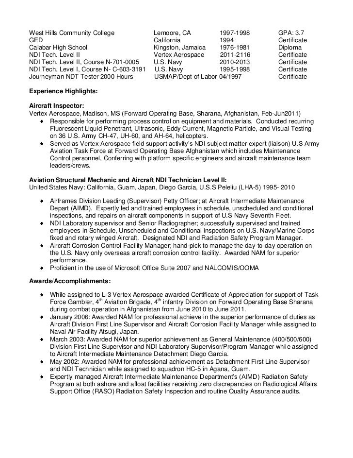 Aviation structural mechanic resume examples