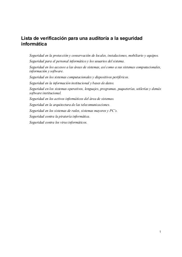 LISTA DE VERIFICACION PARA AUDITORIA lista de verificacion para auditoria: