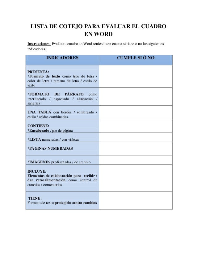 Lista de cotejo para evaluar el cuadro en word Lista de cotejo para evaluar el cuadro en word