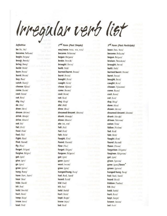 List Common Irregular Verbs English Pdf