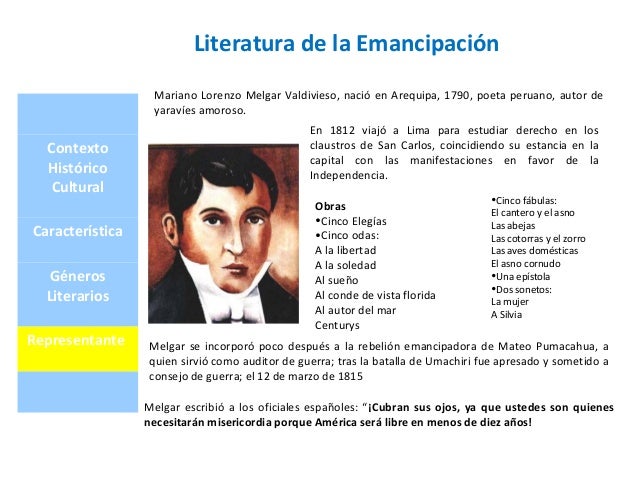 ContextoHistóricoCulturalCaracterísticaGénerosLiterariosRepresentanteLiteratura de la EmancipaciónMariano Lorenzo Melgar V...