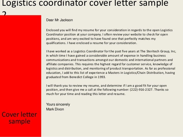 Cover letter logistics coordinator position