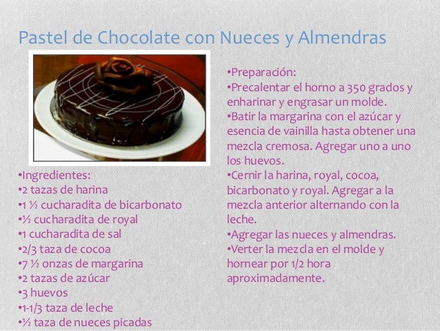 Pastel de Chocolate con Nueces y Almendras
•Ingredientes:
•2 tazas de harina
•1 ½ cucharadita de bicarbonato
•½ cucharadit...