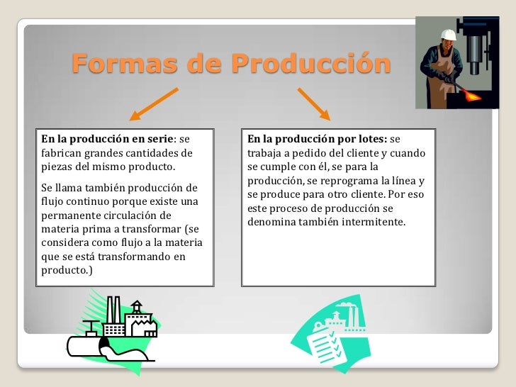Formas de Producción <br />En la producción en serie: se fabrican grandes cantidades de piezas del mismo producto.<br />Se...