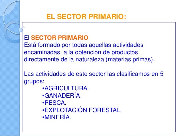 EL SECTOR PRIMARIO:
El SECTOR PRIMARIO
Está formado por todas aquellas actividades
encaminadas a la obtención de productos...