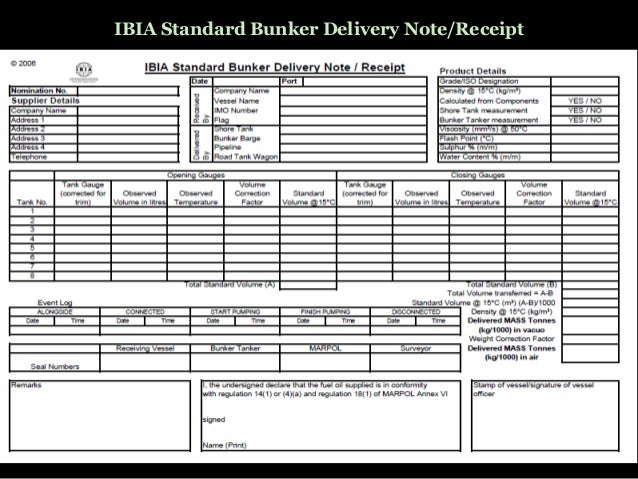 IBIA Standard Bunker Delivery Note/Receipt
 