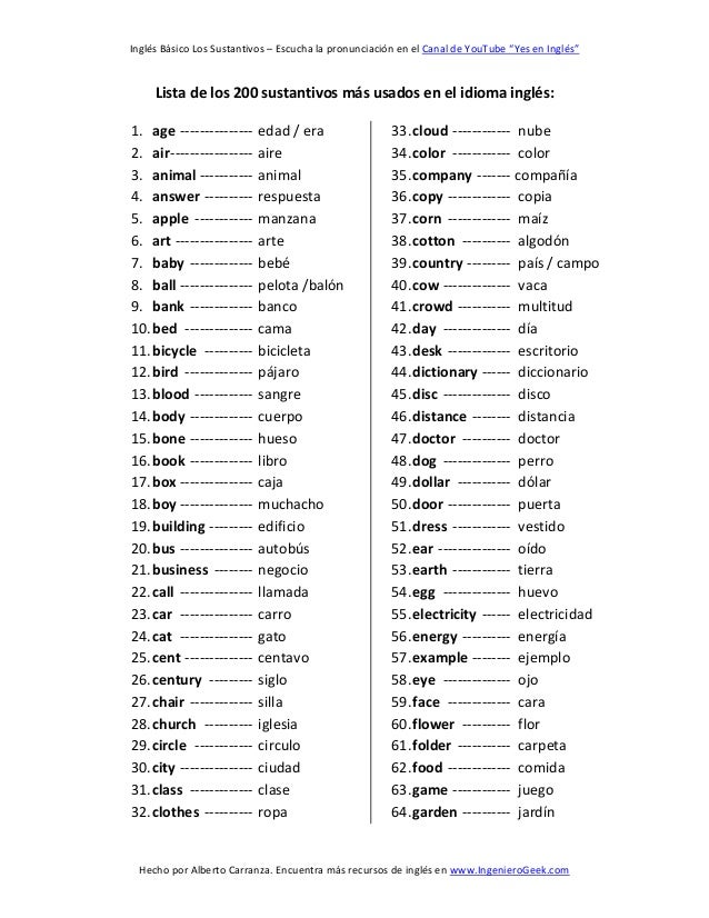 Los sustantivos mas usados en el idioma ingles