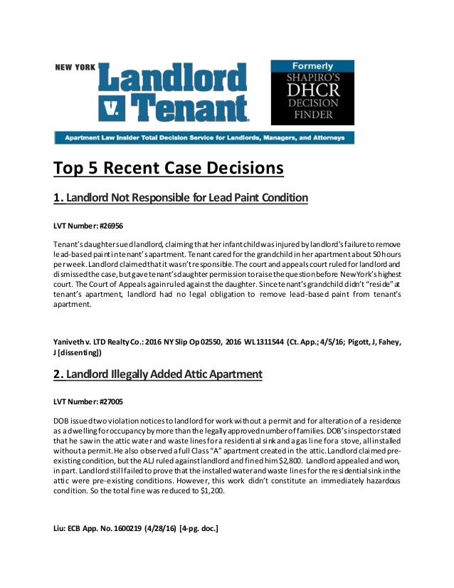 Landlord v. Tenant Case Decisions Lead Paint Conditions, Section 8 T…