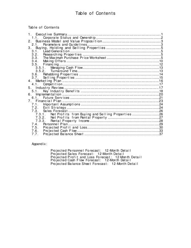 business plan table of contents