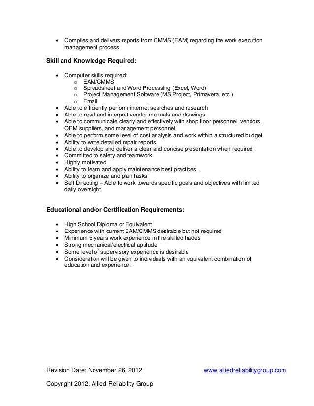 Maintenance planner coordinator job description