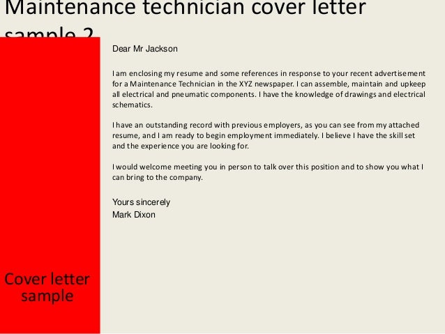 Maintenance technician cover letter