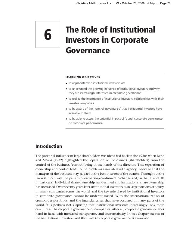 the role of institutional investors in Corporate governance has emerged as a decisive business issue less corpora te governance research is undertaken in civil law countries like germany i n th. the role of institutional investors in Corporate governance has emerged as a decisive business issue less corpora te governance research is undertaken in civil law countries like germany i n th.