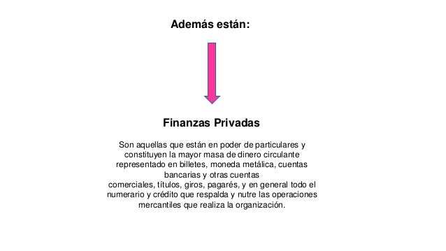 Finanzas Privadas
Además están:
Son aquellas que están en poder de particulares y
constituyen la mayor masa...