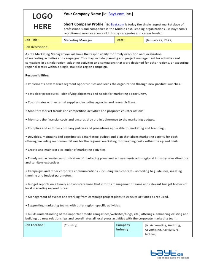Marketing Manager Job Description Template by Bayt.com