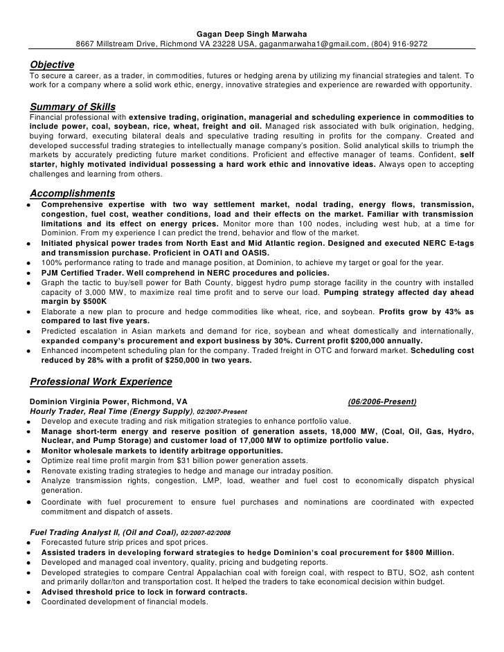 Resume for commodities broker