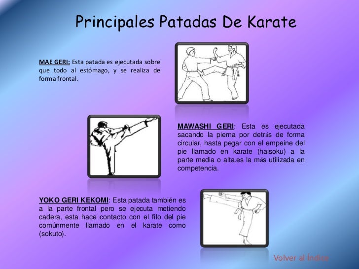Principales Patadas De KarateMAE GERI: Esta patada es ejecutada sobreque todo al estómago, y se realiza deforma frontal.  ...