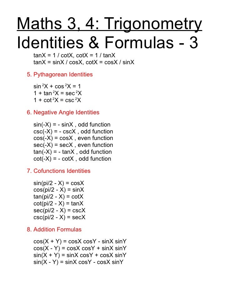 Math34 Trigonometric Formulas