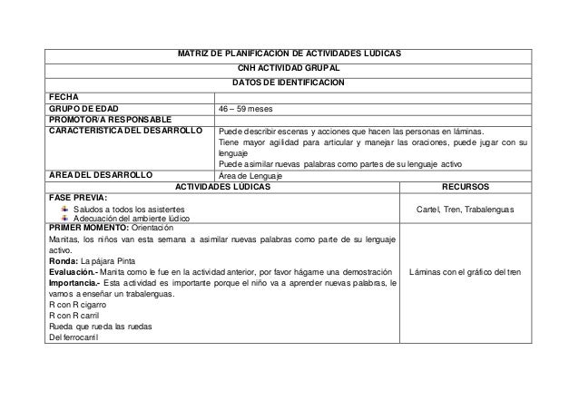 Matriz de planificación de actividades lúdicas en niños de 0 a 3 años