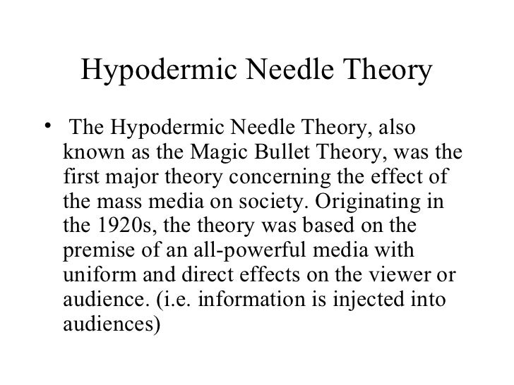 hypodermic needle essay Direct influence via mass media or: magic bullet theory (in dutch also known as: ‘almacht van de media-theorie’, stimulus-response, injectienaald, transportband, lont in het kruidvat theorie. hypodermic needle essay Direct influence via mass media or: magic bullet theory (in dutch also known as: ‘almacht van de media-theorie’, stimulus-response, injectienaald, transportband, lont in het kruidvat theorie.