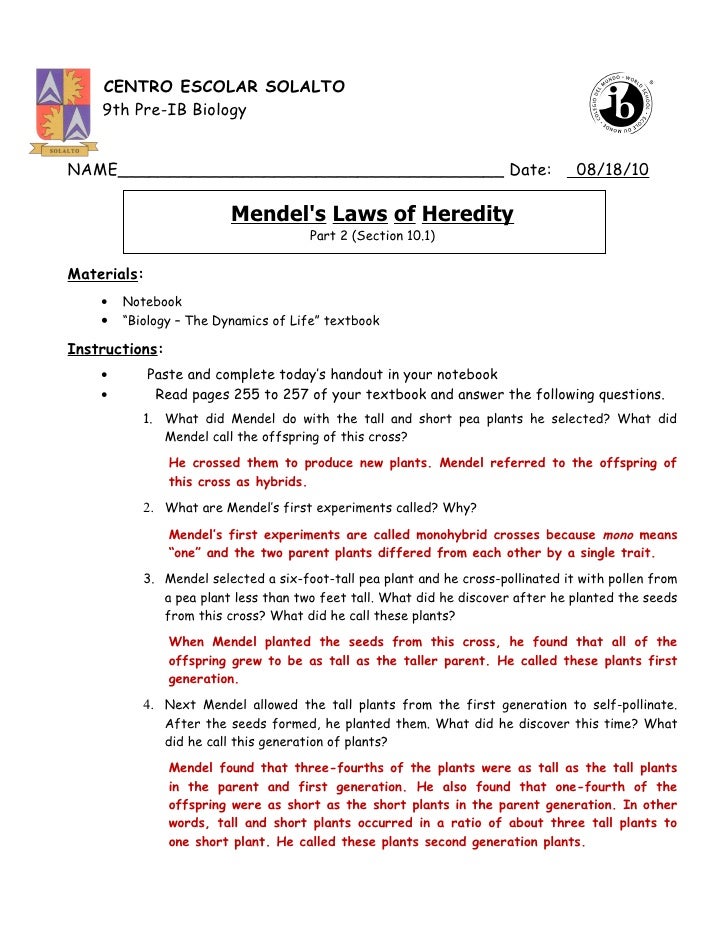 Mendel's laws of heredity part 2 (pp.255-257)-answer key