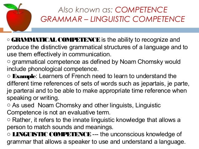 a test on grammatical competence A speaker's 'linguistic competence' would be made up of grammatical competence ('abstract' or decontextualized knowledge of intonation, phonology, syntax, semantics, etc) and pragmatic competence (the ability to use language effectively in order to achieve a specific purpose and to understand language in context. a test on grammatical competence A speaker's 'linguistic competence' would be made up of grammatical competence ('abstract' or decontextualized knowledge of intonation, phonology, syntax, semantics, etc) and pragmatic competence (the ability to use language effectively in order to achieve a specific purpose and to understand language in context.