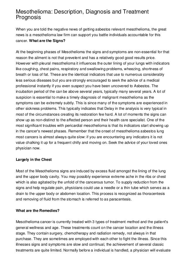 Mesothelioma: Description, Diagnosis and Remedy Prognosis