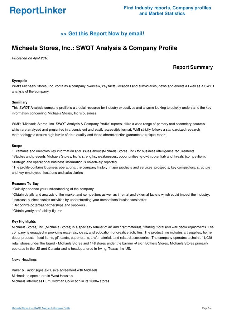 Michaels Stores, Inc.: SWOT Analysis  Company Profile