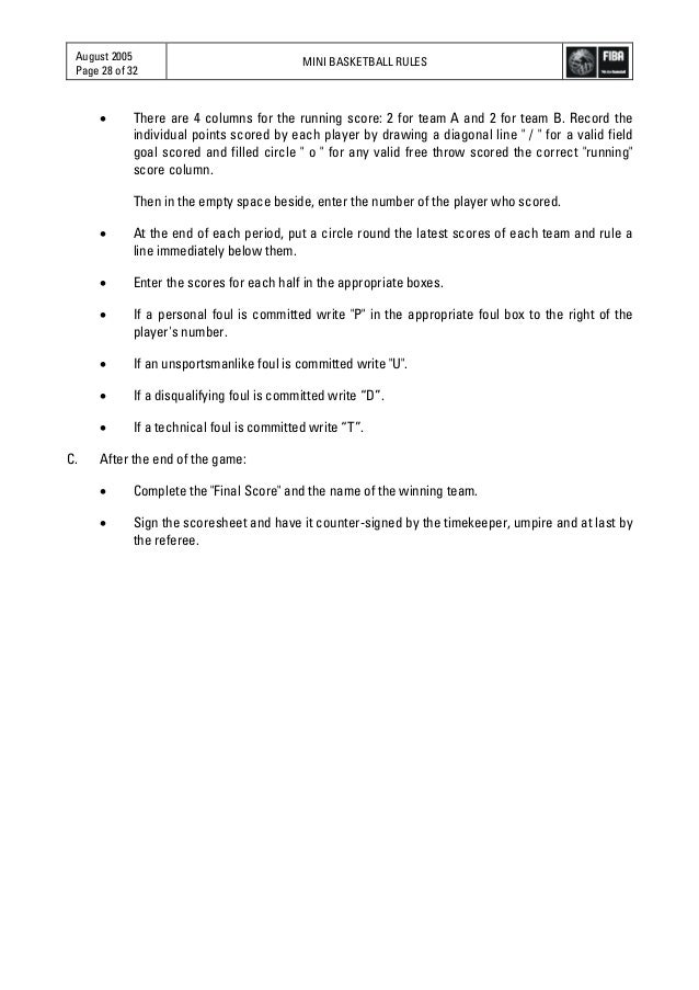 Basketball Scoresheet Fiba of 32 Fiba Mini-basketball