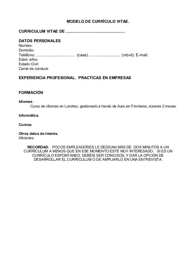 Modelo De Curriculum Vitae Sin Experiencia Modelo De