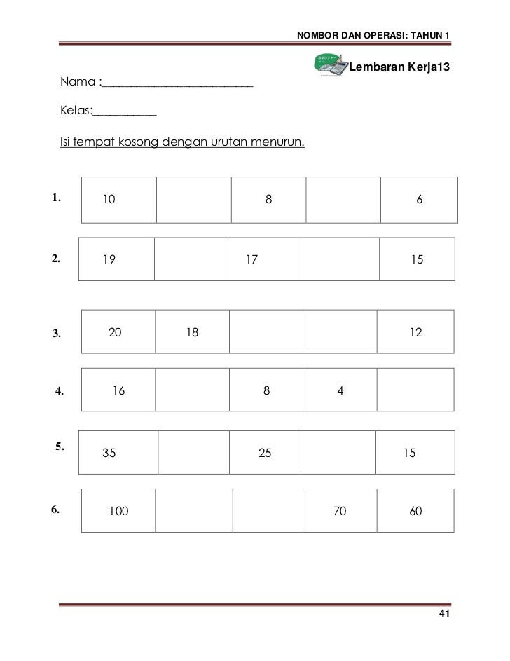 Matematik Tahun 1 Worksheet