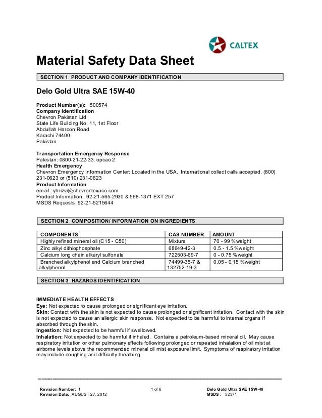 Msds delo gold ultra sae 15 w40