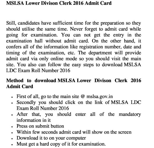 Mslsa exam 2016 admit card, meghalaya ldc exam roll number & job result
