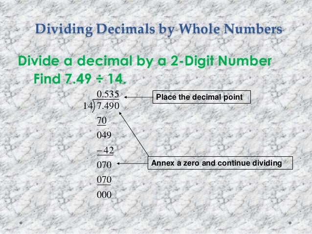 Dividing Decimals by Whole Numbers
Divide a decimal by a 2-Digit Number
Find 7.49 ÷ 14.
535.0
000
070
070
42
049
70
490.71...