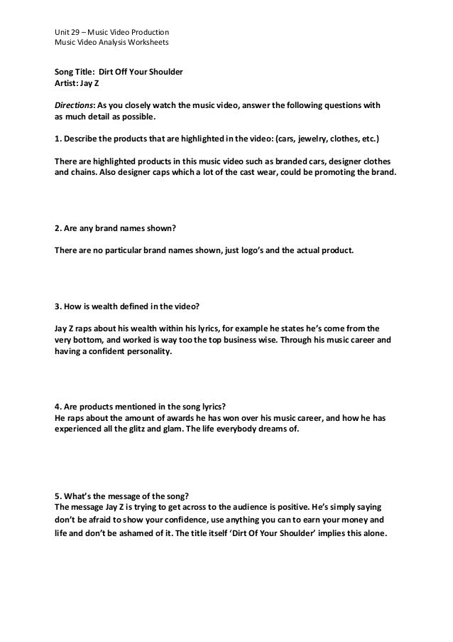 Worksheets Song Analysis Worksheet music video analysis worksheets ms word version materialism 5
