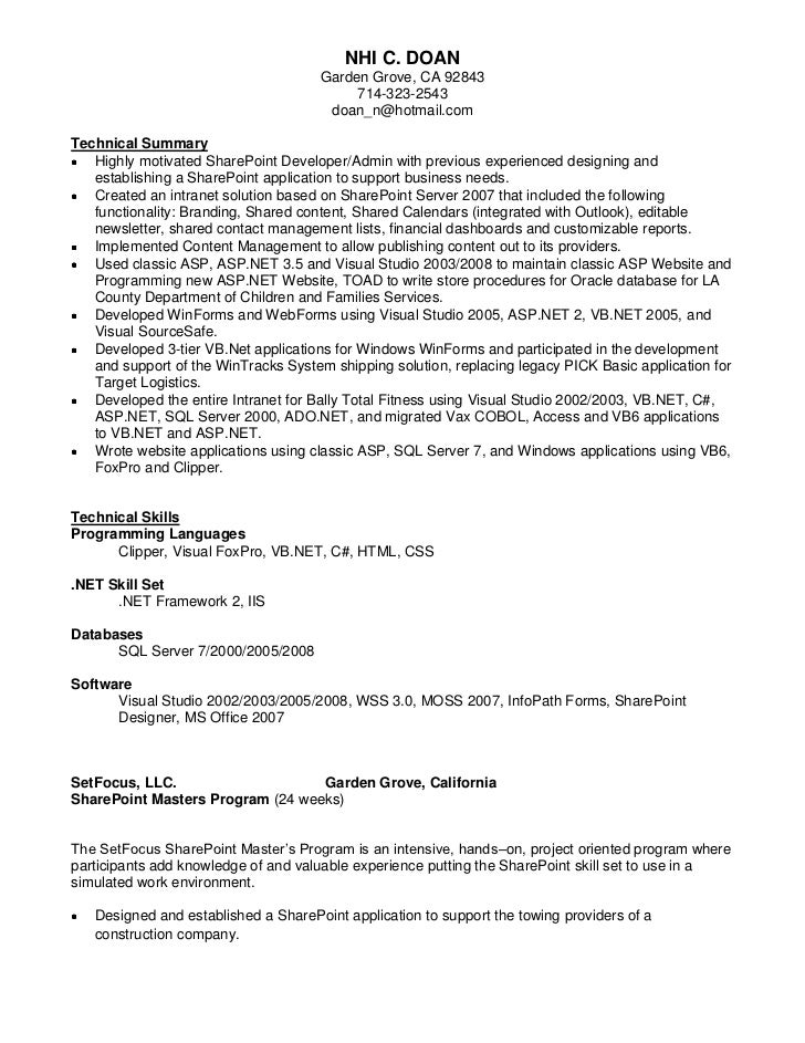 sharepoint administrator resumes