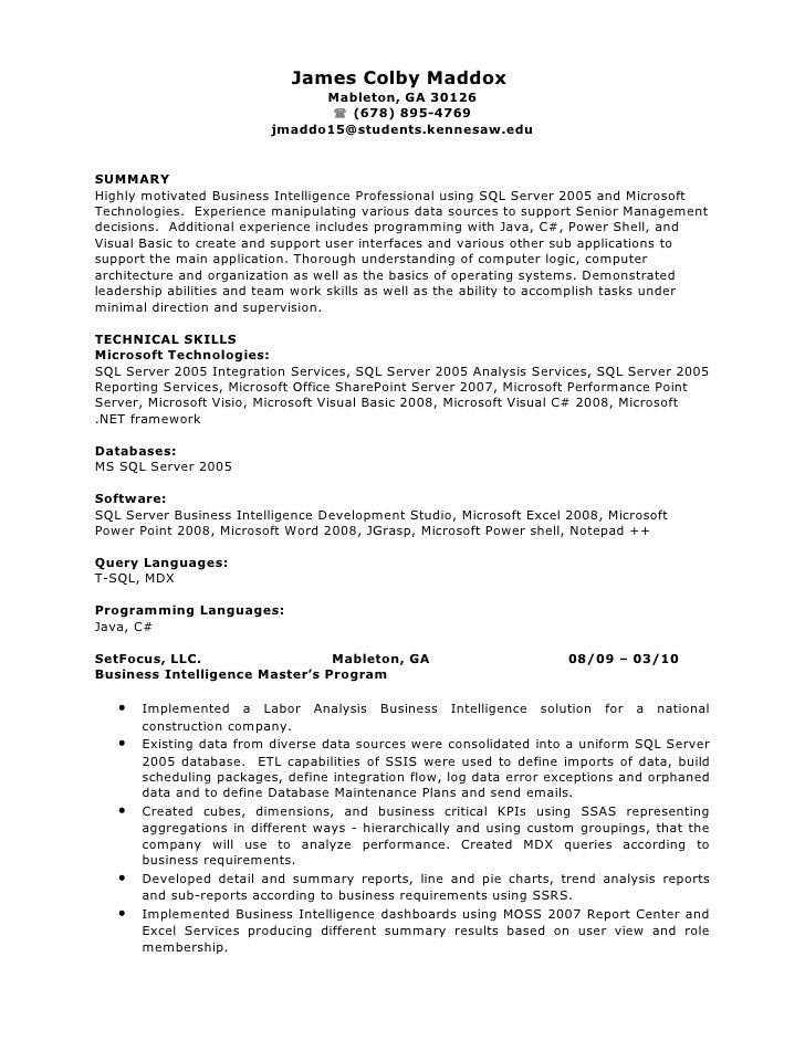 Business intelligence program manager resume