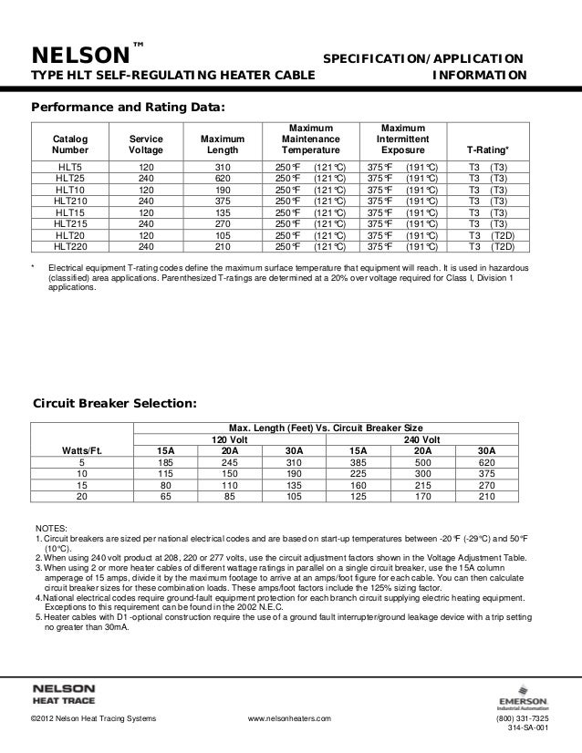 Nelson HLT Heat Tracing Cable Spec Sheet
