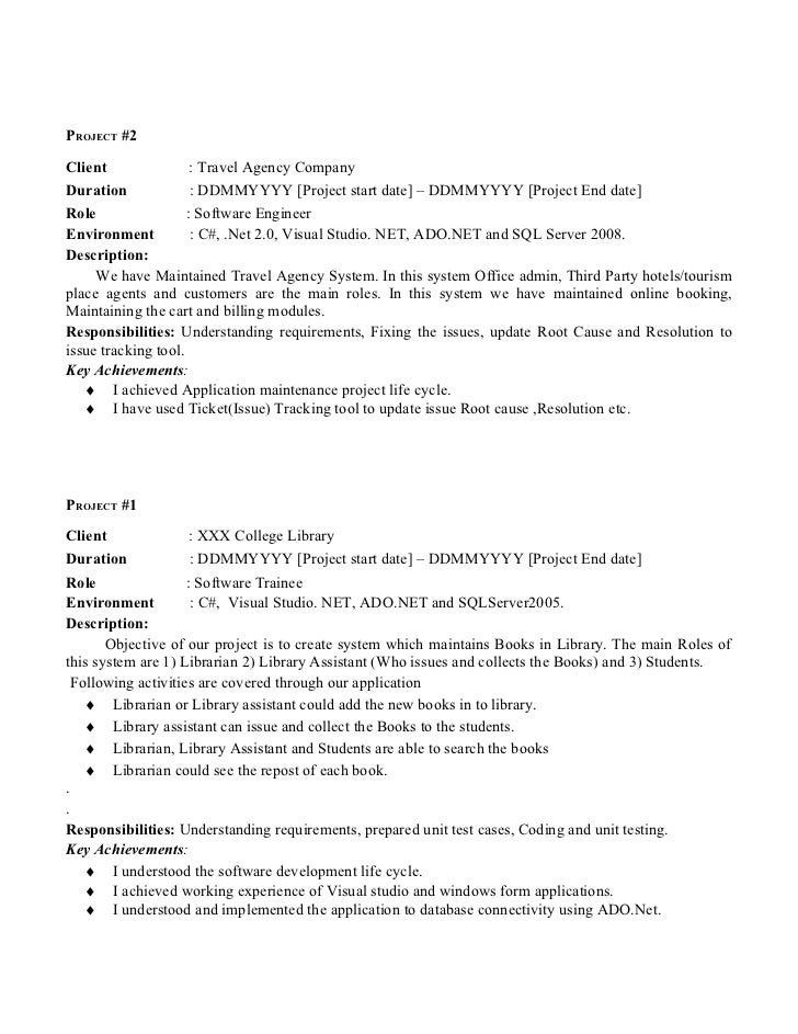 Sample resume for dot net experience