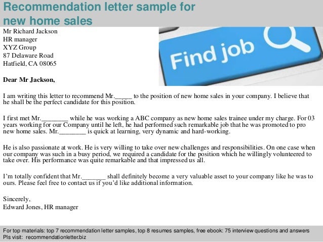 Writing a letter of recommendation home sales