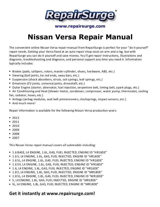 Versa Repair Manual The convenient online Nissan Versa repair manual ...