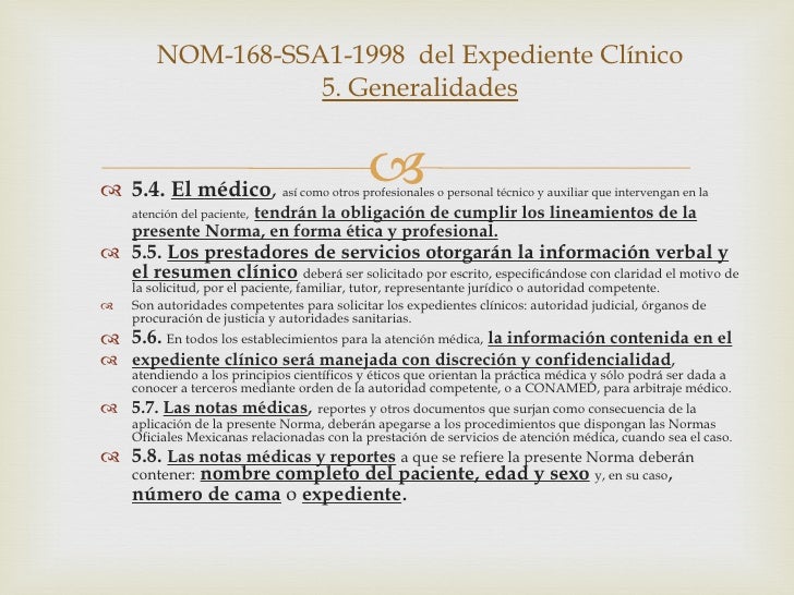 Norma oficial mexicana nom 168-ssa1-1998, del expediente clinico
