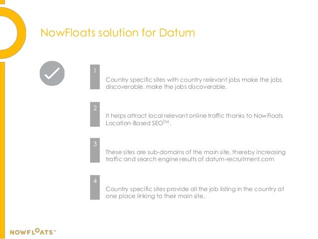NowFloats solution for Datum
Country specific sites with country relevant jobs make the jobs
discoverable. make the jobs d...