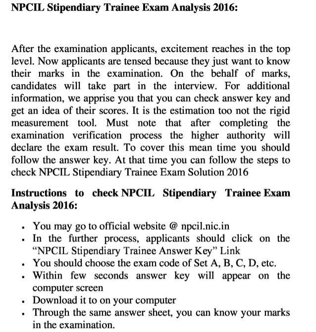 Npcil stipendiary trainee govt job 2016 exam answer key check result