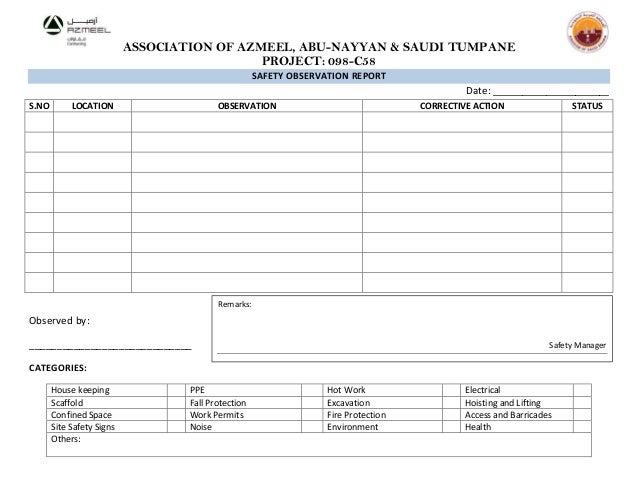 site observation report template observation check list by safety officer site observation report template observation check list by safety officer