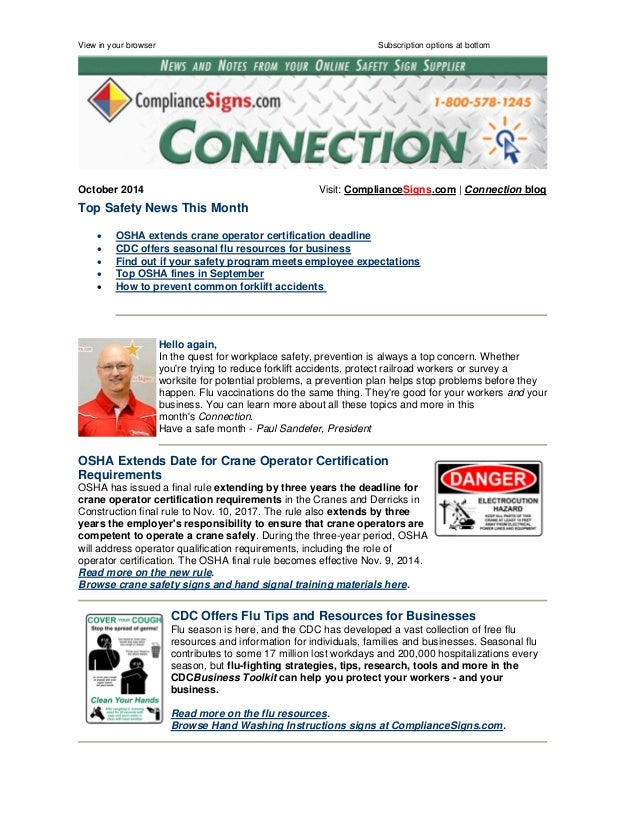 October 2014 ComplianceSigns Connection Workplace Safety Newsletter